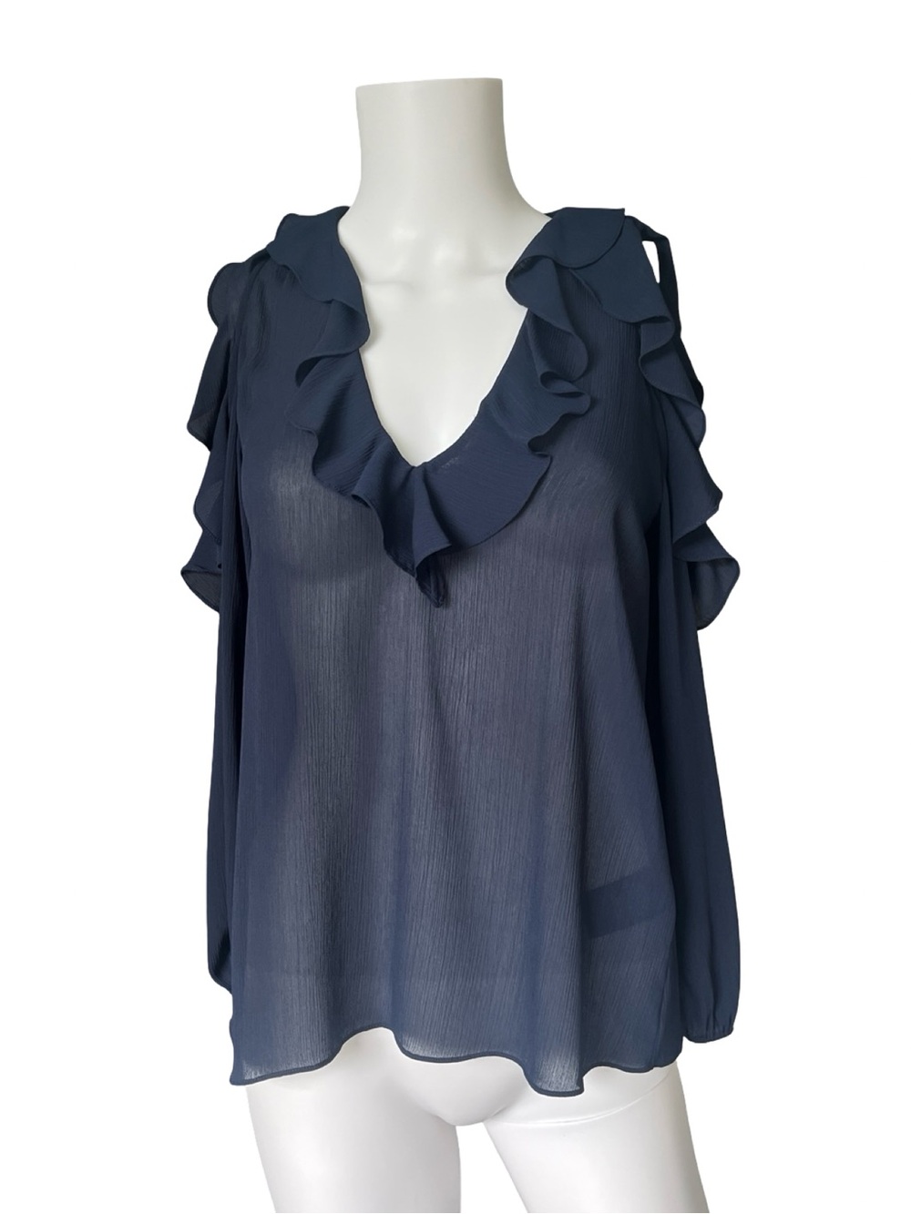 Alice + Olivia Blue Ruffle Blouse Lightweight Cold Shoulder Womens Size XS